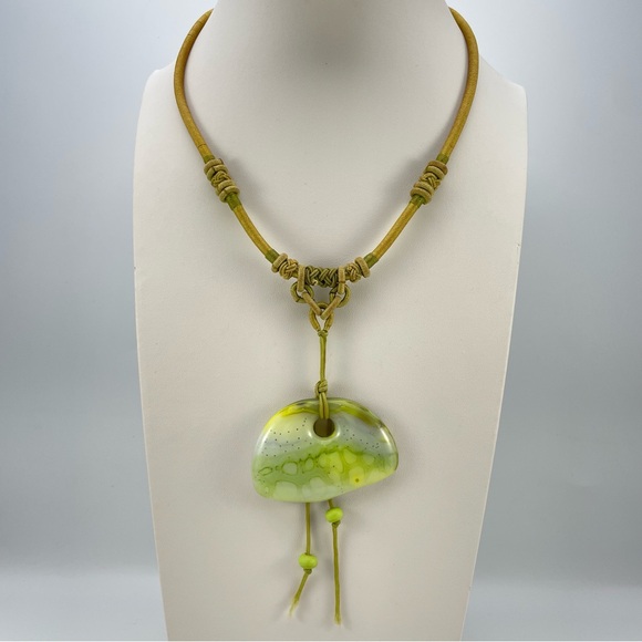 Artisanal Boho Green Art Glass Pendant Necklace with Adjustable Cord - Picture 1 of 9